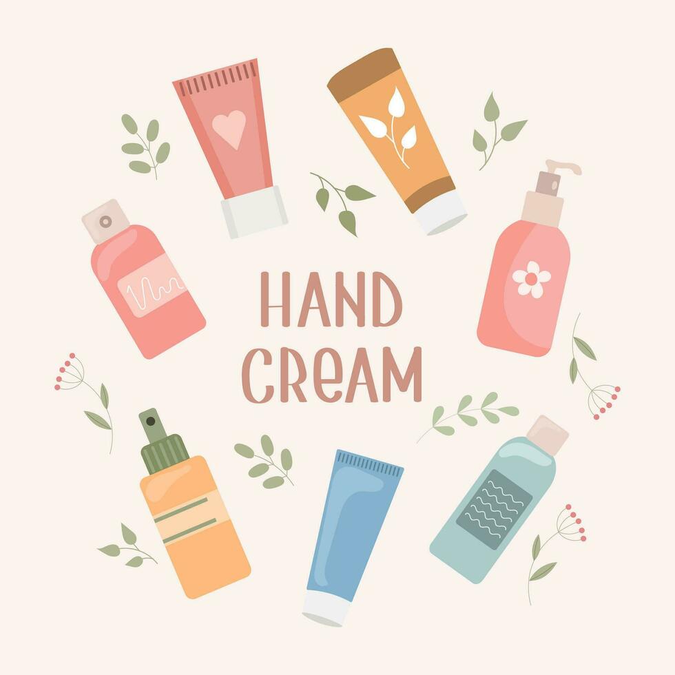 A set of hand creams. Routine skin care. Daily organic cosmetics. Flat illustration. Vector