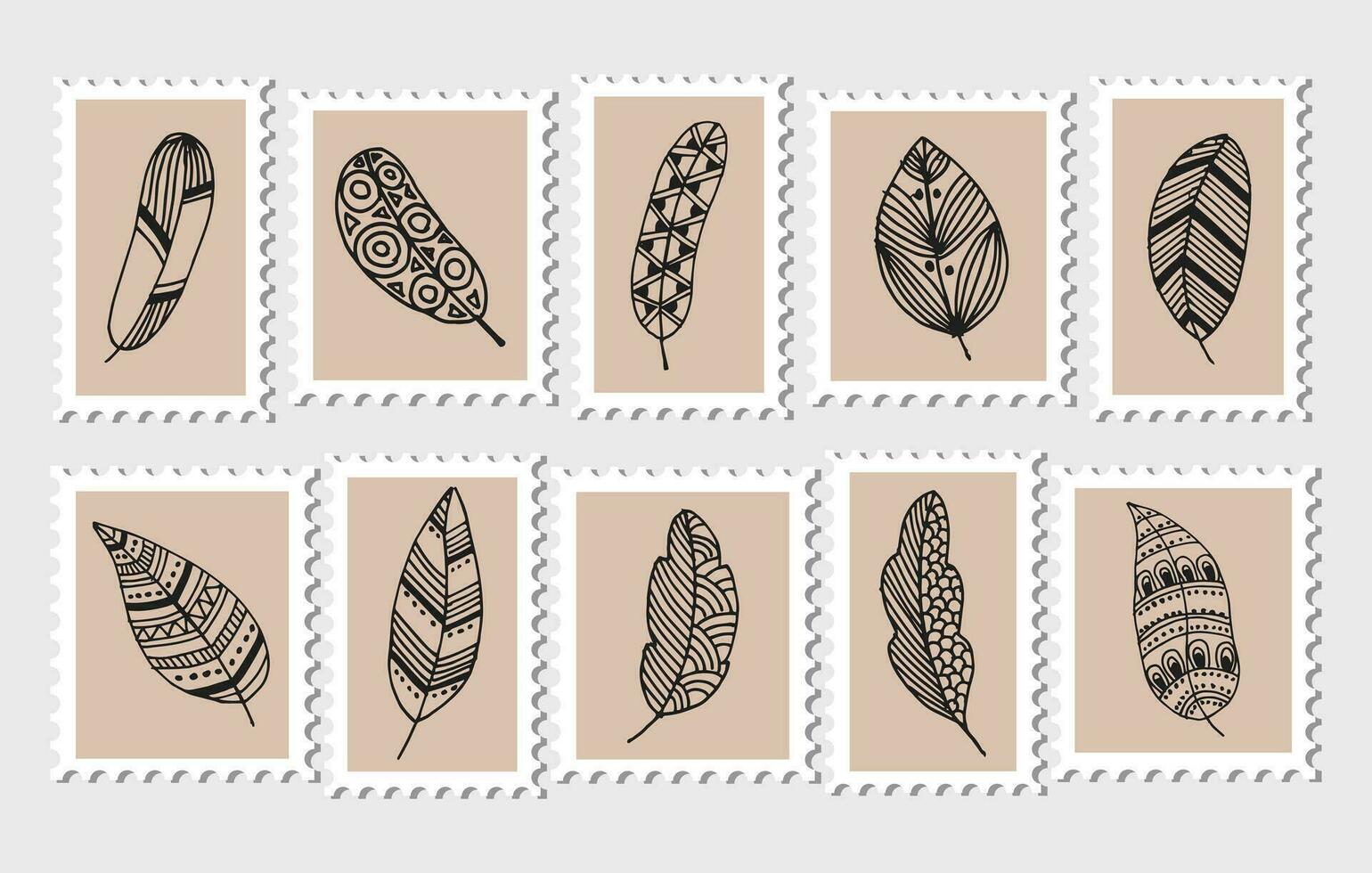 Set of postage stamps with doodle leaves. Illustration, icons, vector