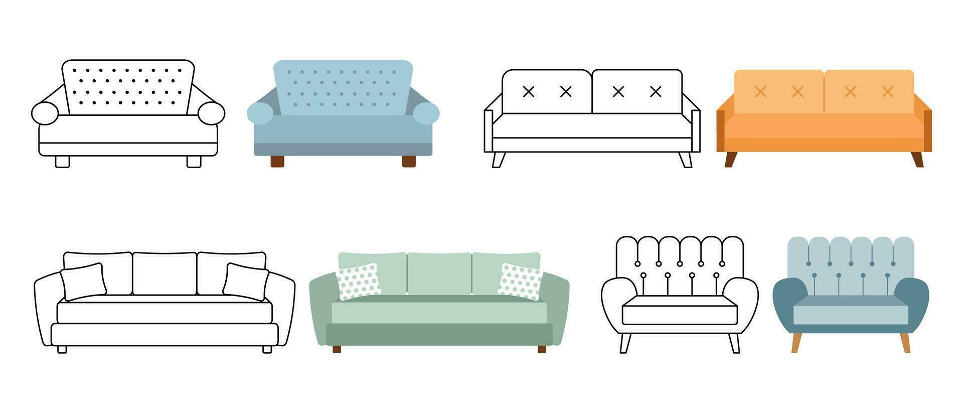 A set of sofas, ottomans. Collection of upholstered furniture for the home. Icons, illustrations, sketch, vector