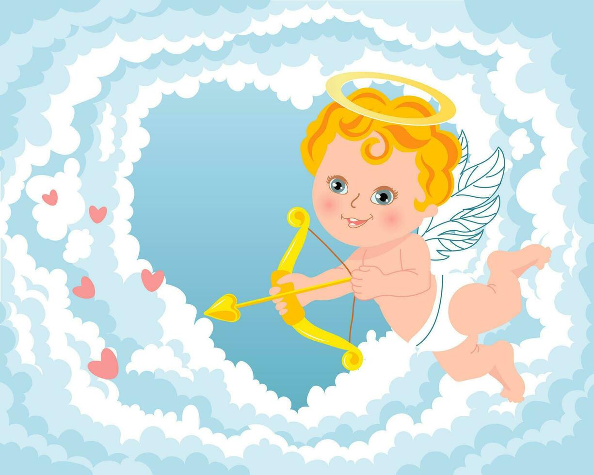 Cute cupid with bow and arrow, baby angel with a halo in the sky with clouds. Illustration, vector