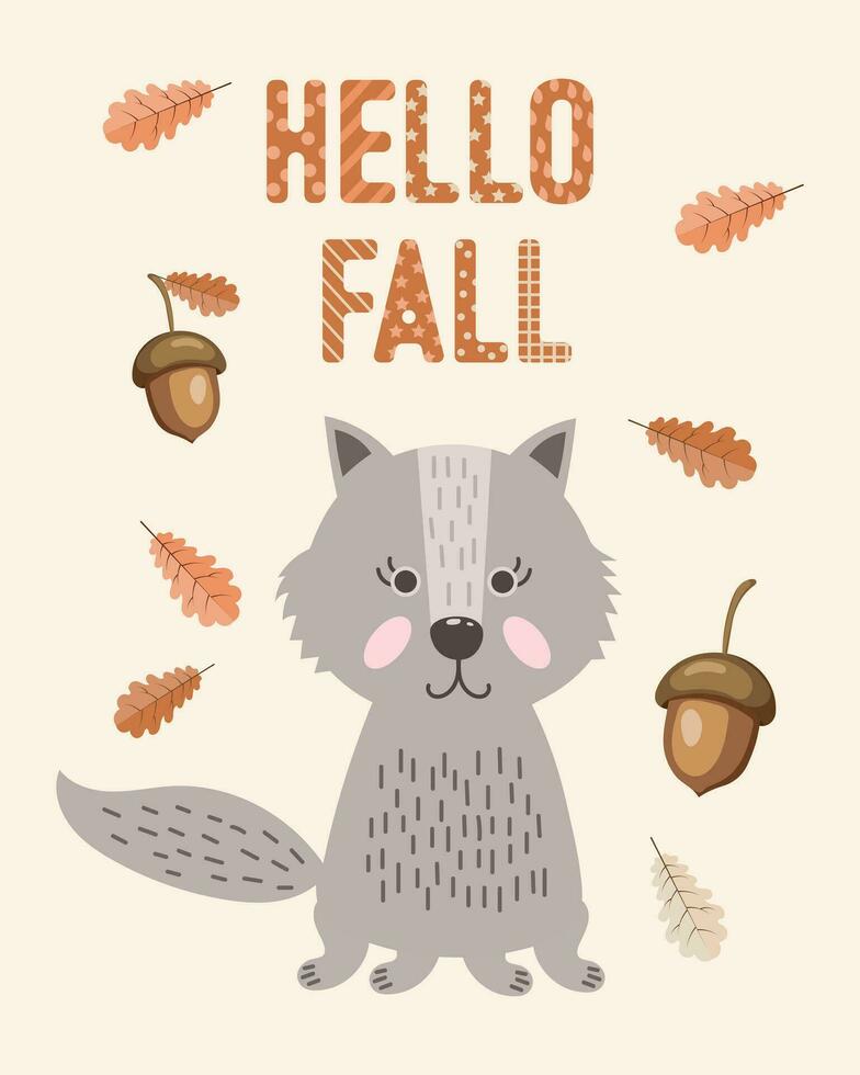 lindo lobo de dibujos animados, bellotas, hojas de otoño y texto hola otoño. ilustración de estilo de fideos, impresión de niños, vector