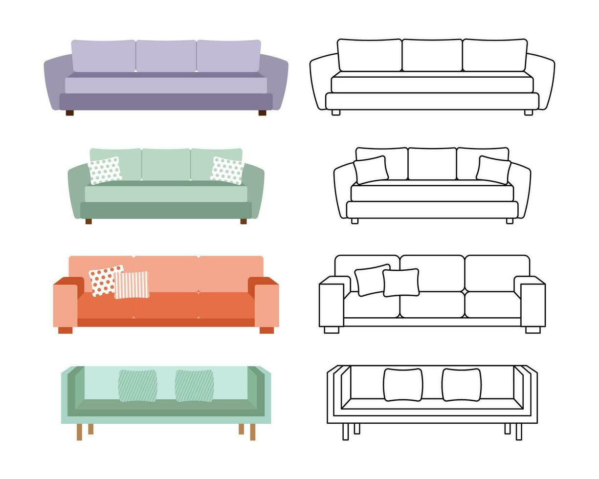 un conjunto de sofás, otomanos colección de tapizado mueble para el hogar. iconos, ilustraciones, bosquejo, vector