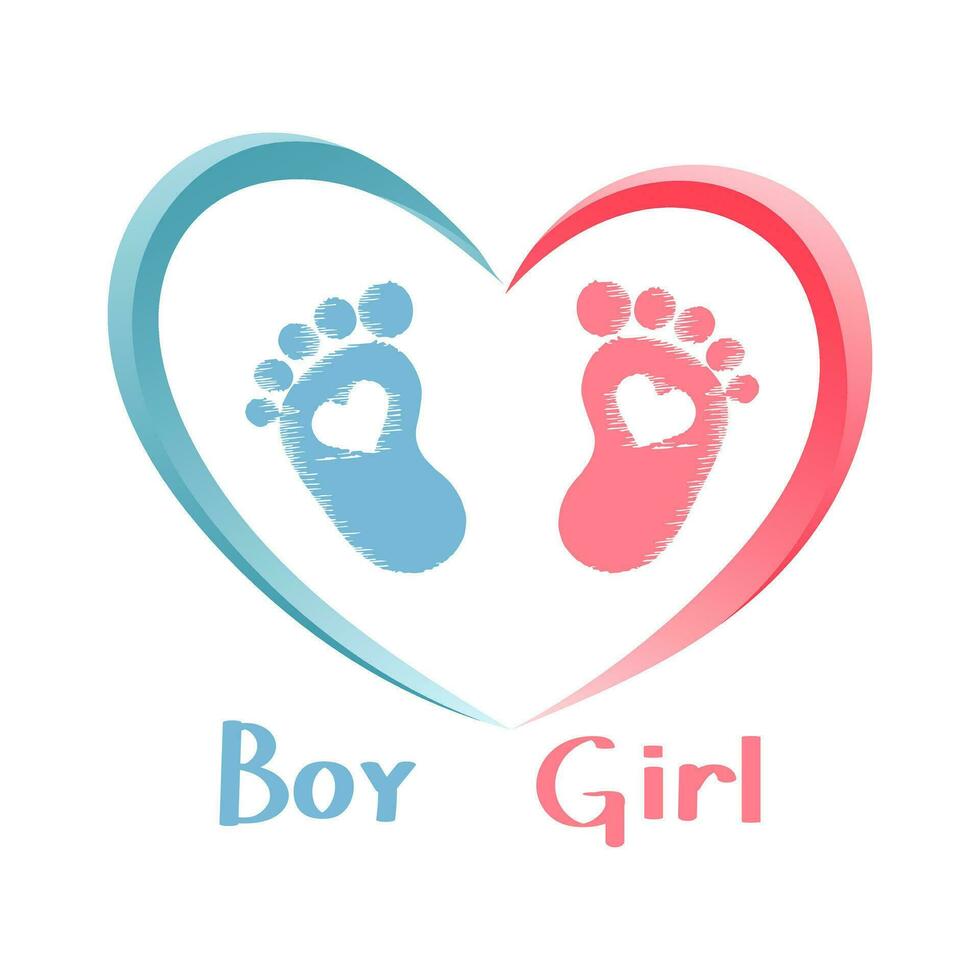 Two baby footprints in the shape of a heart. Red and blue symbol of a newborn in a heart.Newborn icons, stickers, postcard, vector