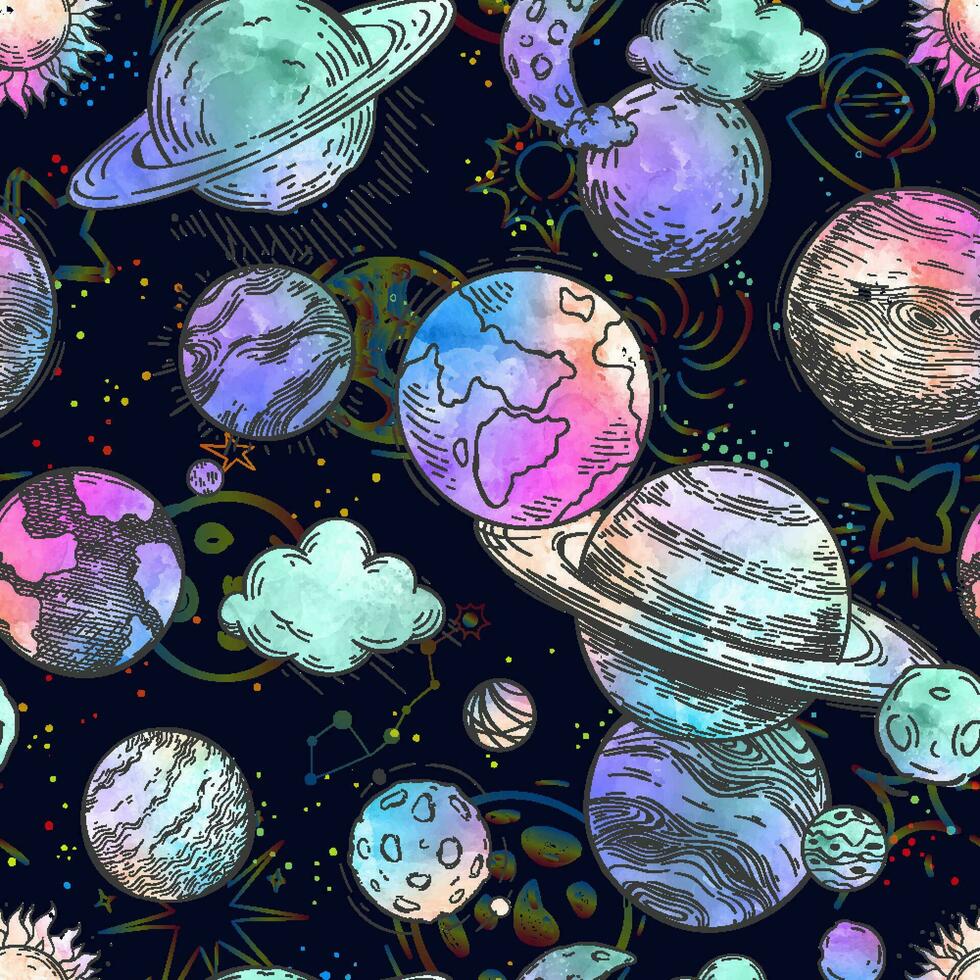 Seamless Watercolor Galaxy Planet Wallpaper Background, Vector Texture