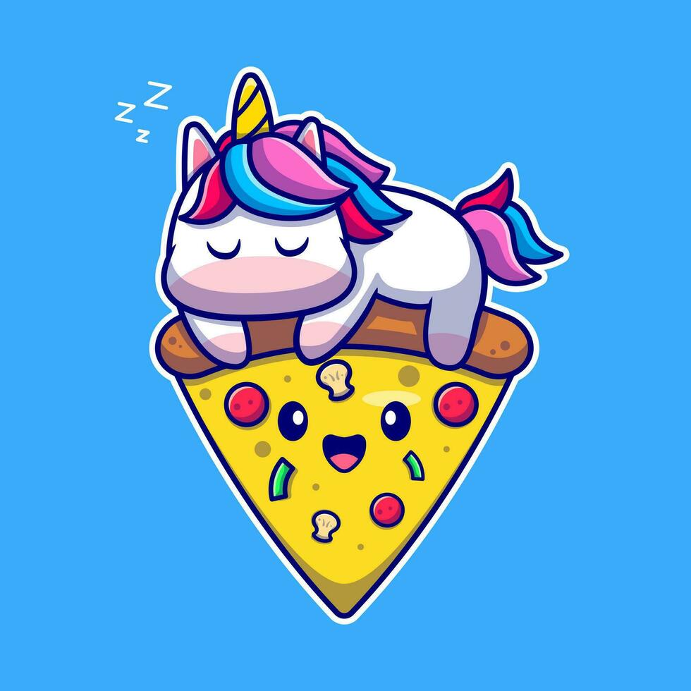 Cute Unicorn Sleeping On Pizza Cartoon Vector Icon Illustration. Animal Food Icon Concept Isolated Premium Vector. Flat Cartoon Style