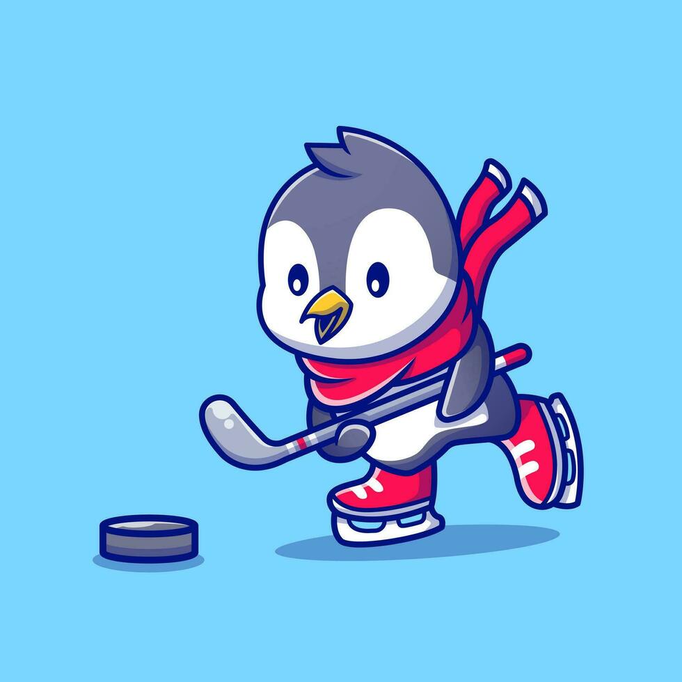 lindo pingüino jugando hockey dibujos animados vector icono ilustración. concepto de icono de deporte animal vector premium aislado. estilo de dibujos animados plana