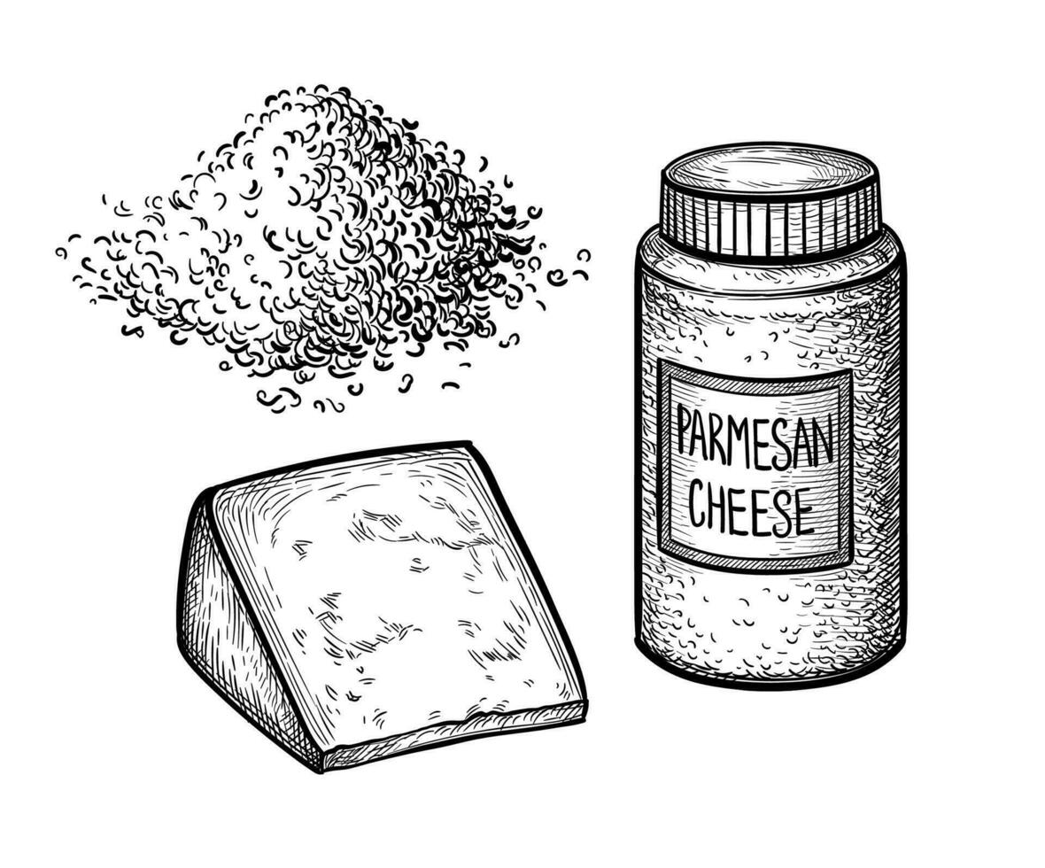Grated Parmesan cheese. Jar, handful and block. Ink sketch isolated on white background. Hand drawn vector illustration. Vintage style stroke drawing.