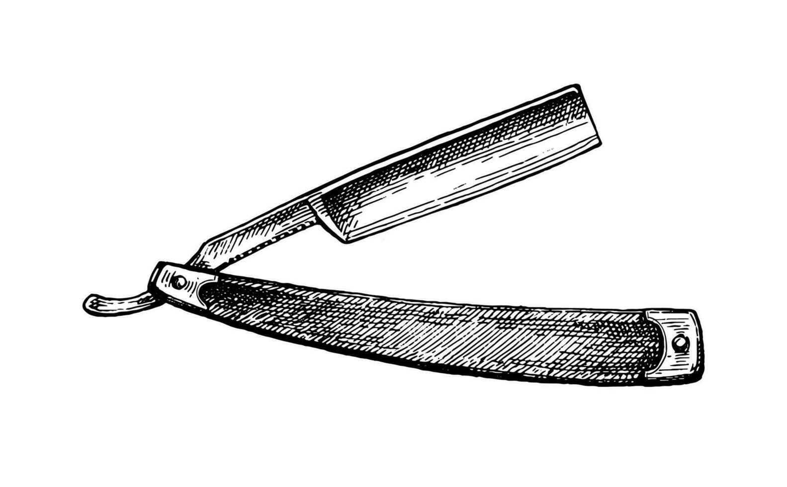 Folding straight razor. Ink sketch isolated on white background. Hand drawn vector illustration. Vintage style stroke drawing.