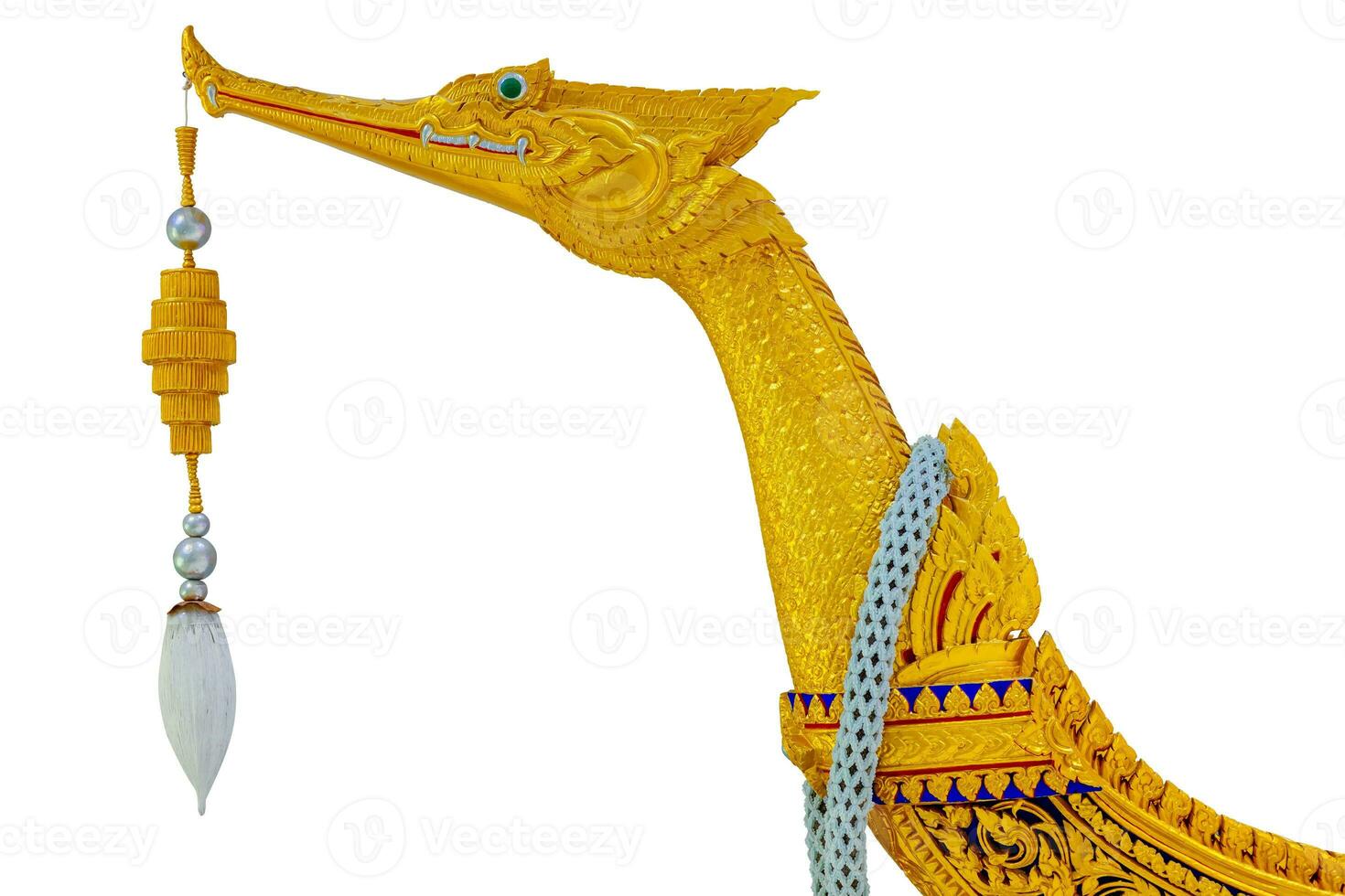 Suphannahong Royal Barge Closeup the boat bow wooden swan carved beautiful golden paint isolated on white background with clipping path. photo