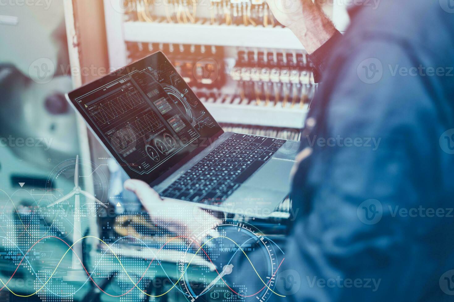 Electricity engineer work using AI computer software control monitor power consumption saving energy concept photo