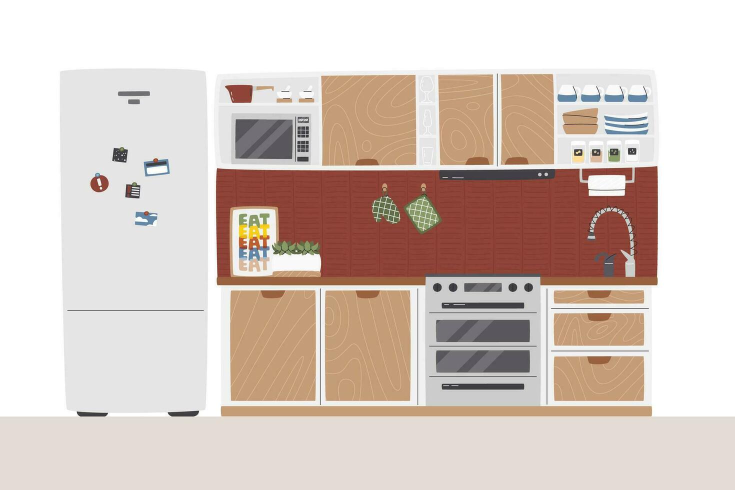 Modern kitchen set full of appliances and utensils. Cozy domestic scene in mid century modern style. Dining room with huge fridge and kitchenware. Home interior hand drawn flat vector illustration