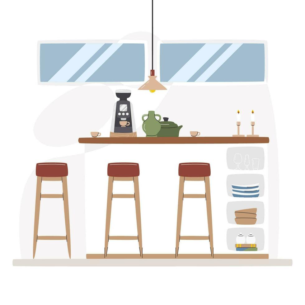 High table with bar chairs next to windows. Dining room for fast meal. Eating zone with coffee machine and utensils. Kitchen home interior scene. Breakfast time hand drawn flat vector illustration