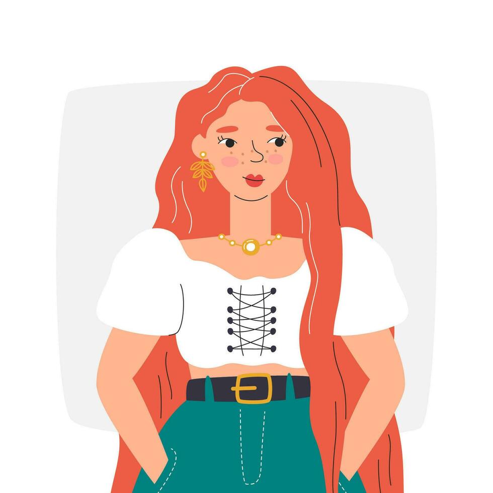 Red-haired young woman in trendy summer outfit. Goddess girl for magazine cover design. Natural beauty portrait. Personage design for poster art. Female character hand drawn flat vector illustration