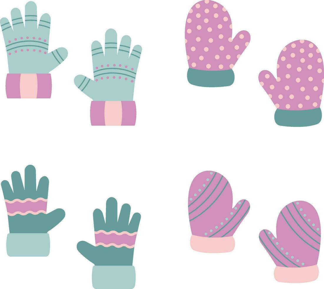 Winter Glove and mittens set. Cute colorful woven or knitted gloves for cold frosty weather isolated on white background. vector