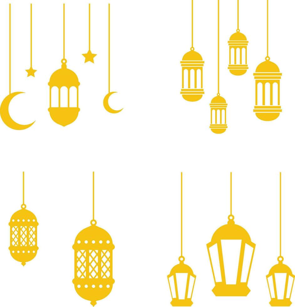 Lantern Ramadan Decoration. Muslim ornamental hanging gold lanterns, stars and moon vector illustration. Traditional Muslim holiday lanterns