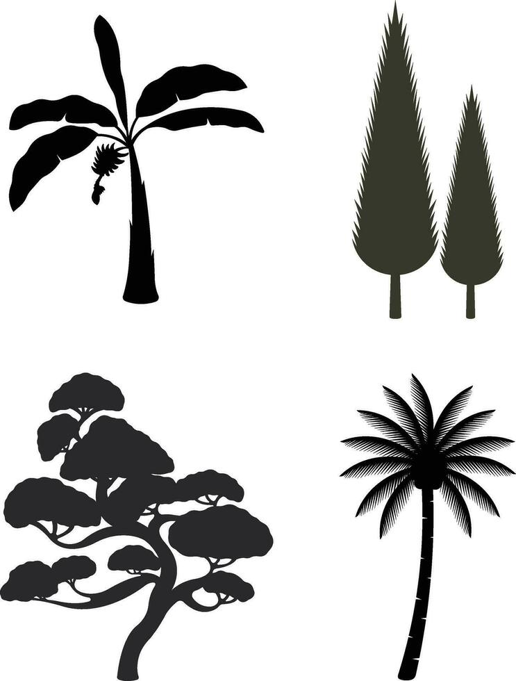 naturaleza arboles silueta. pino bosques y parques de abeto y abeto, conífero y caduco arboles vector aislado naturaleza retro ilustración conjunto