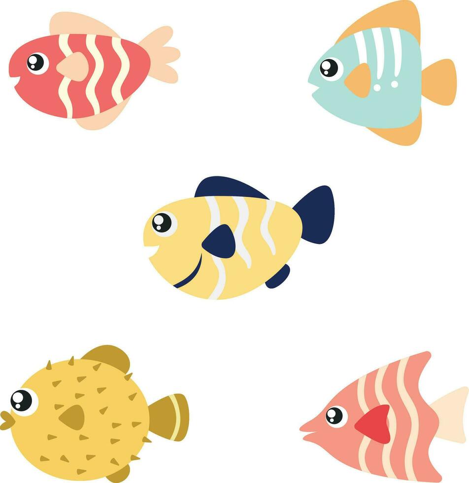 Cute Fish Character. Set of freshwater aquarium cartoon fish for print and design decoration illustration.Vector pro vector