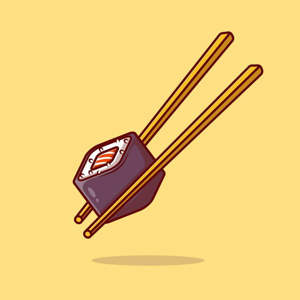 Sushi salmon roll with chopstick cartoon vector icon illustration food object icon concept