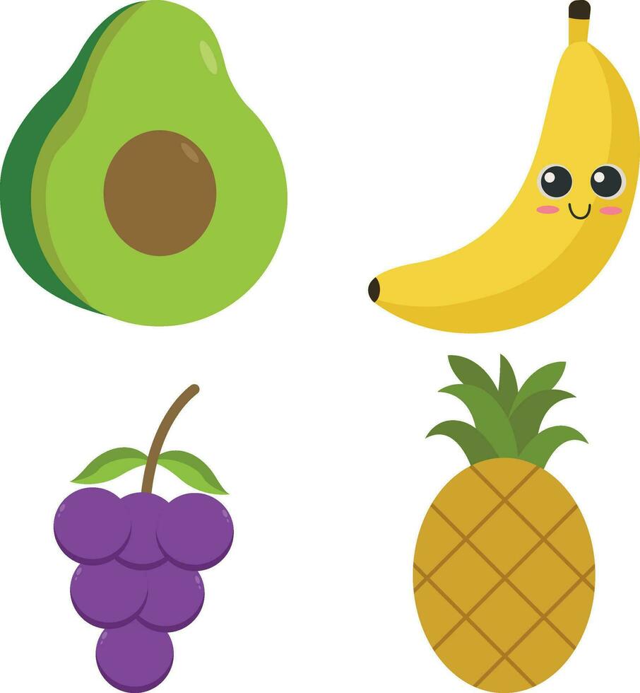Cute Fruit, Happy cute set of smiling fruit faces. Vector set of flat cartoon illustration icons. Isolated on white background.