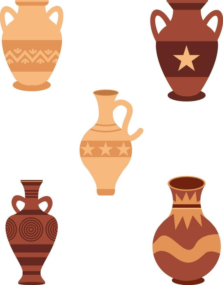 Ceramic Pots. Ancient Greek vases, antique pots, vintage jugs, clay vessels, urns. Crockery designs, ceramic earthenware. Flat cartoon graphic vector illustrations.