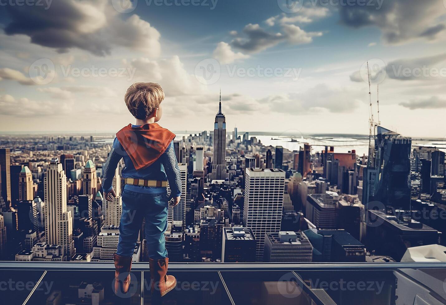 Rear view of young boy on top of skycraper dreaming of becoming a superhero. . photo