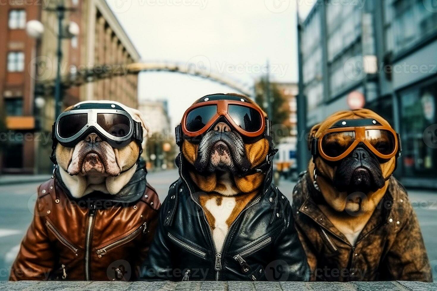 Bulldog bikers with goggles an leather jacket. Generative AI. photo
