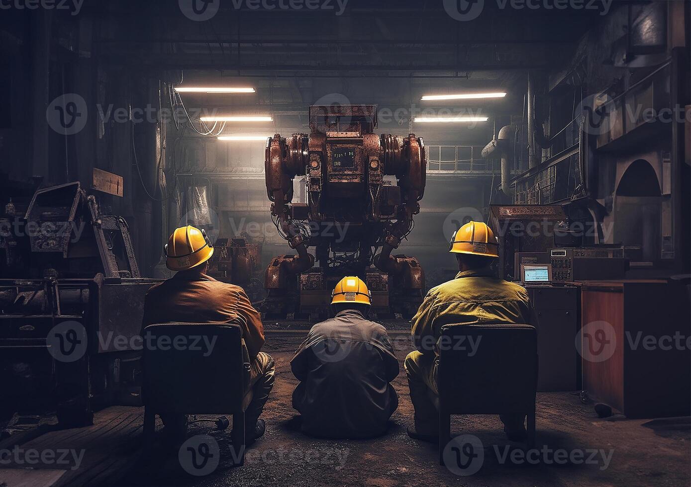 Three relaxed operators watching robot working in an industrial enviroment. Back view. Generative AI. photo