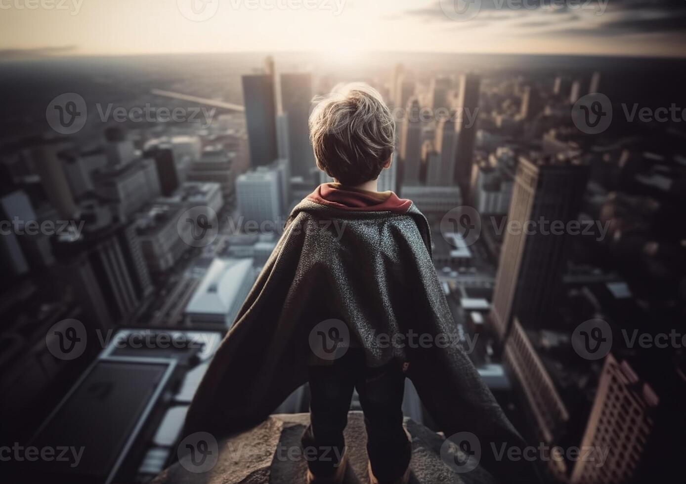 Rear view of young boy on top of skycraper dreaming of becoming a superhero. Generative AI. photo