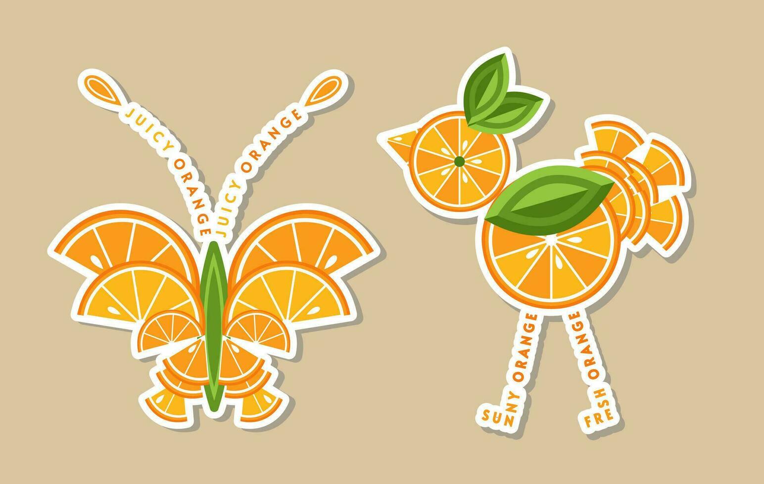 conjunto de pegatinas en el forma de pájaro, mariposa hecho con naranja, verde hojas, Fruta rebanadas bueno para decoración de comida embalaje, comestibles, agricultura historias, publicidad. plano estilo vector