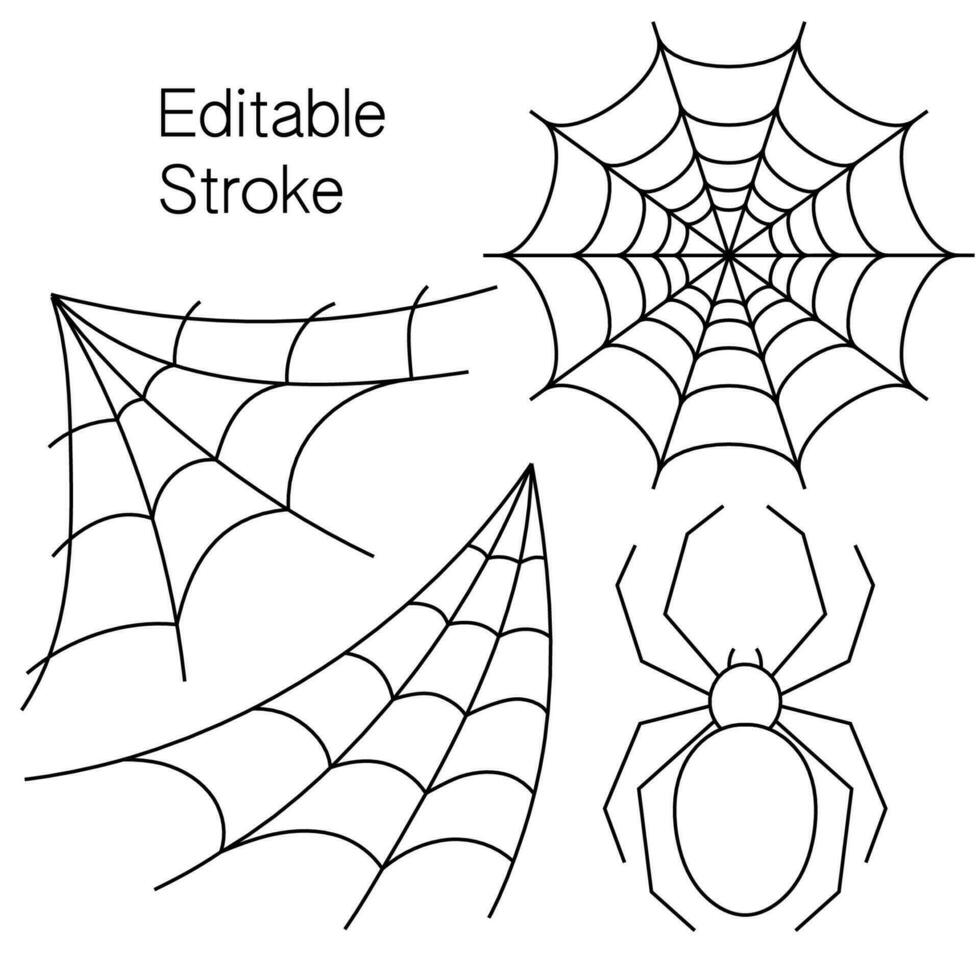 Set of spider, round, corner web spiders with editable stroke. Design template elements for Halloween design. Spooky, scary, horror halloween decor. Vector. vector