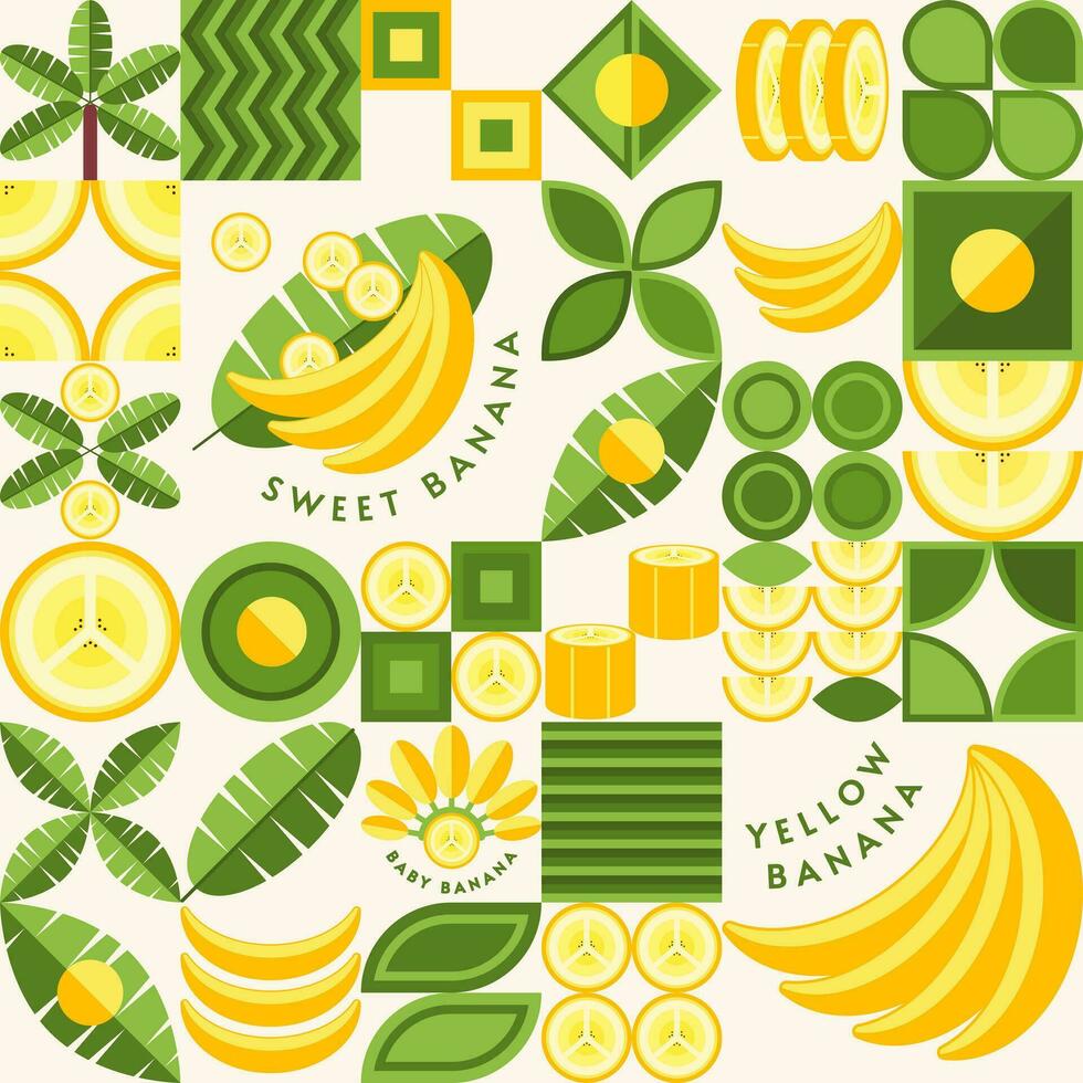 Background with banana design elements, logo in simple geometric style. Seamless pattern with abstract shapes. Good for branding, decoration of food package, cover design, decorative print, background vector