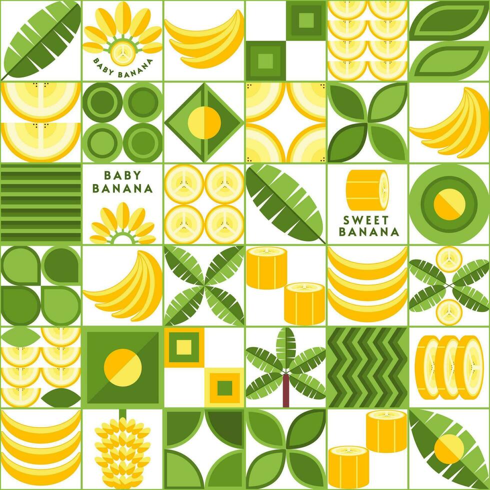 Background with banana design elements, logo in simple geometric style. Seamless pattern with abstract shapes. Good for branding, decoration of food package, cover design, decorative print, background vector