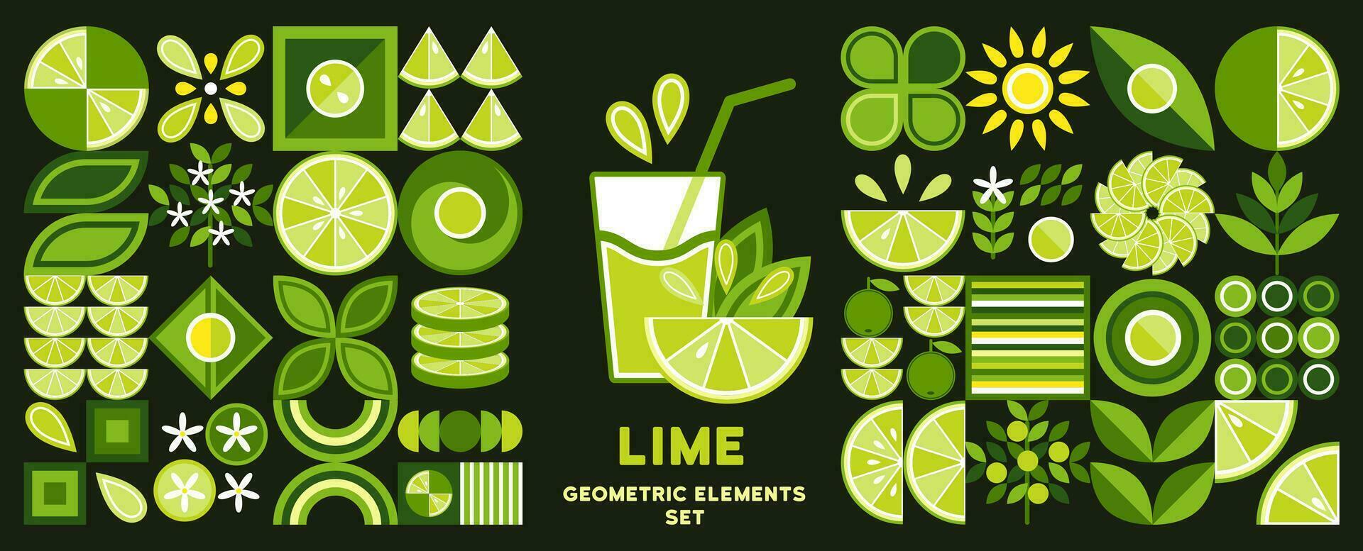 Set of design elements, logo with Lime in simple geometric style. Abstract shapes. Good for branding, decoration of food package, cover design, decorative print, background. vector