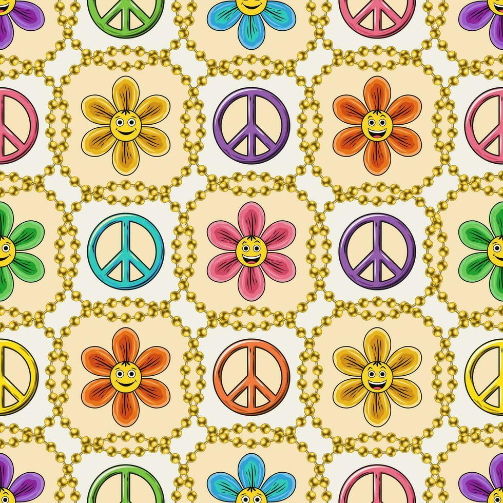 Seamless pattern with chamomile flower, peace sign, beads, emoji. Geometric grid with circles. Peaceful, positive background in groovy, hippie style. vector