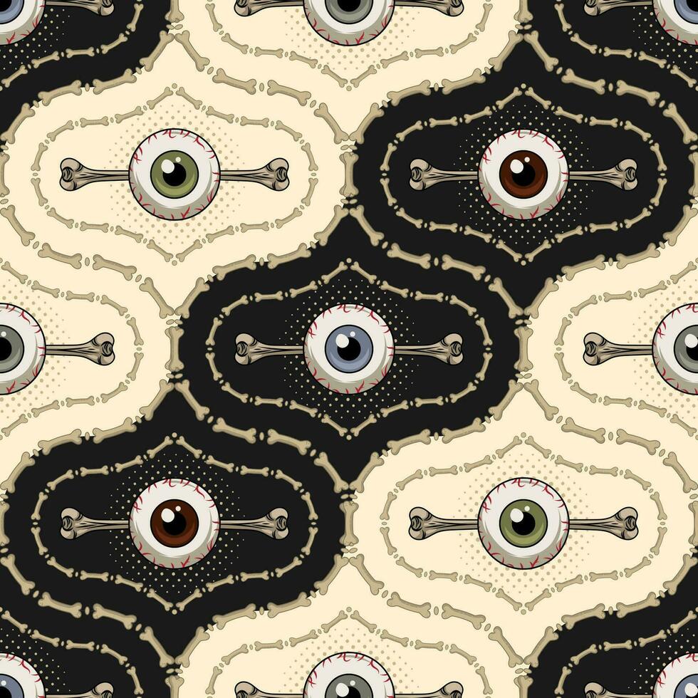 Seamless vintage pattern with damask grid of bones, human eyeballs with direct look. Geometric classical background for Halloween decoration. Vector illustration