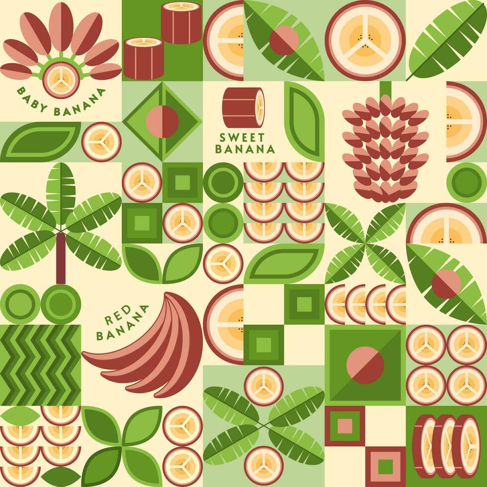 Seamless background with red bananas, banana leaves, slices, bunch of bananas. Good for decoration of food packaging, wrapping, advertising. Vector pattern