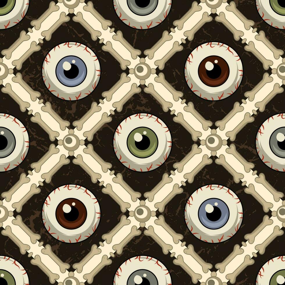 Checkered pattern with rhombus grid of bones, grunge wood textured squares, human eyeballs with direct look. Scary vector seamless background for Halloween, Dia de Muertos decoration.