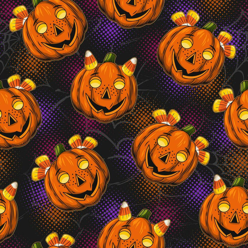 Seamless halloween pattern with candy corn, pumpkin heads like kids, round halftone shapes, silhouette of spider web behind. vector