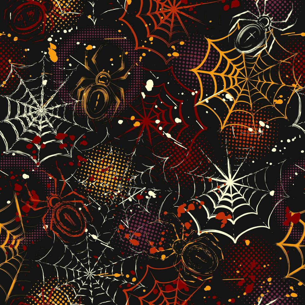 Seamless pattern in grunge style with spiders, spiderweb, paint brush strokes, blots, round halftone shapes. Bright decoration for Halloween holiday. Dense random chaotic composition. vector