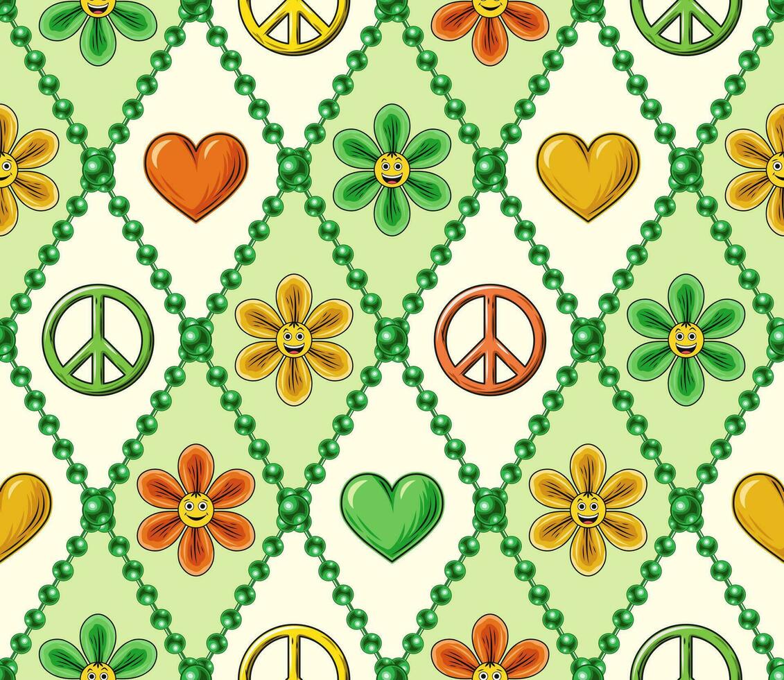 Seamless pattern with chamomile flower, heart, peace sign, beads, emoji. Rhombus geometric grid. Peaceful, positive background in groovy, hippie style. vector