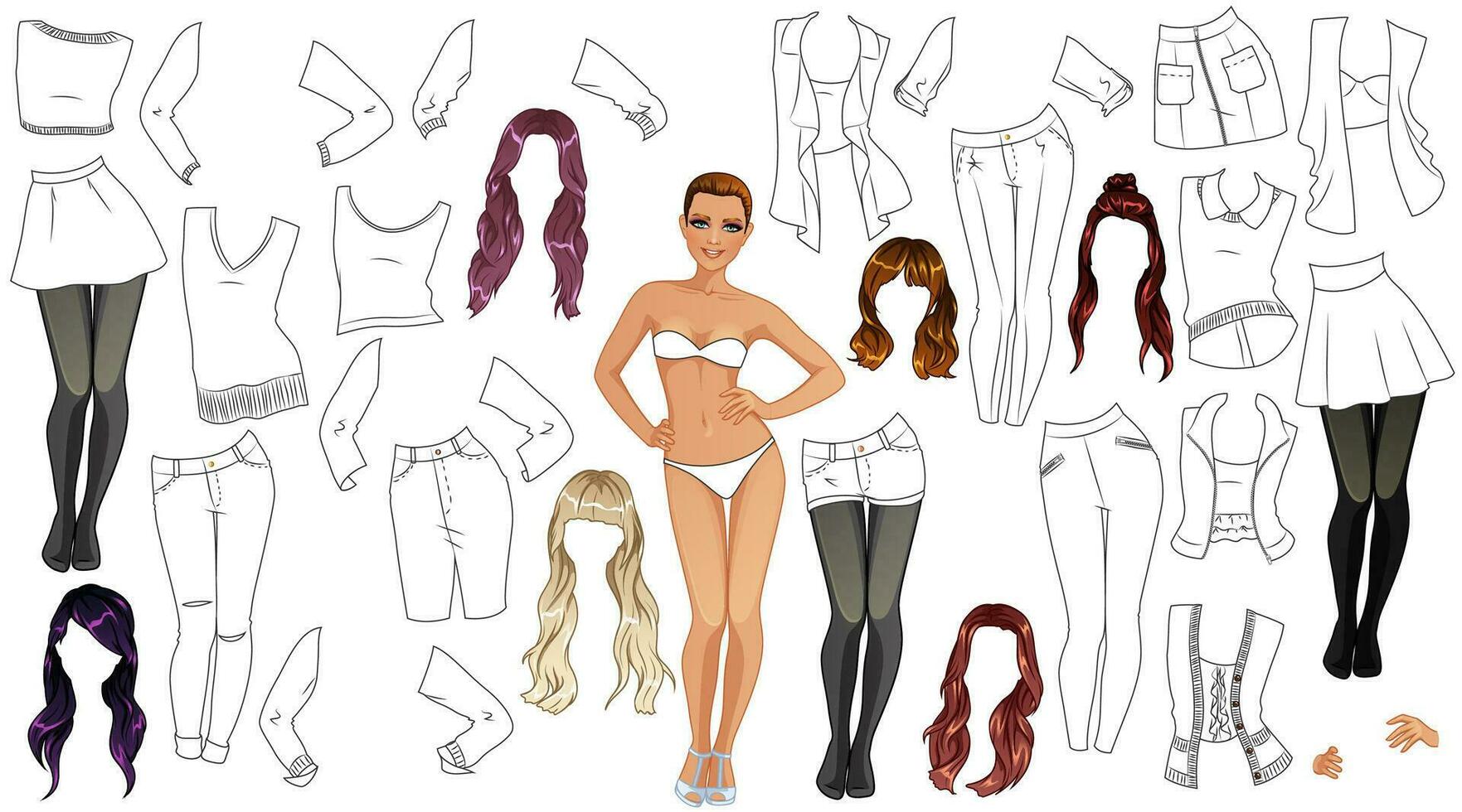 Fall Fashion Coloring Page Paper Doll with Cute Cartoon Character, Clothes and Hairstyles. Vector Illustration