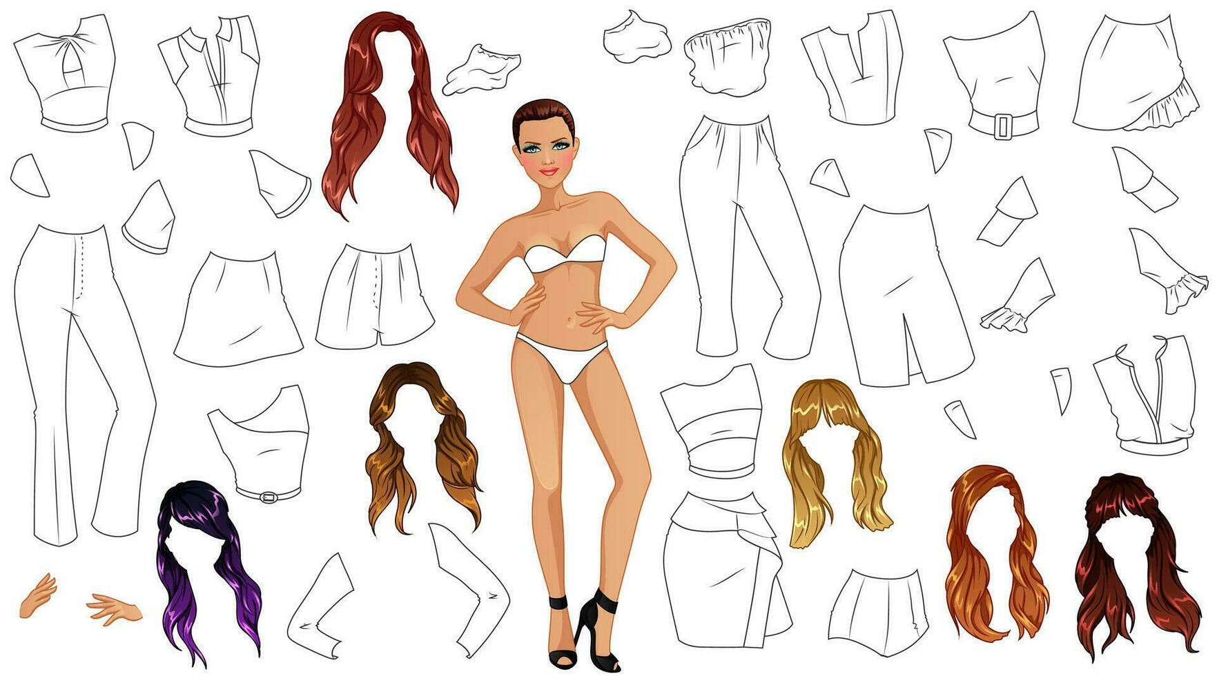 Fashion Queen Coloring Page Paper Doll with Cute Cartoon Character, Clothes and Hairstyles. Vector Illustration