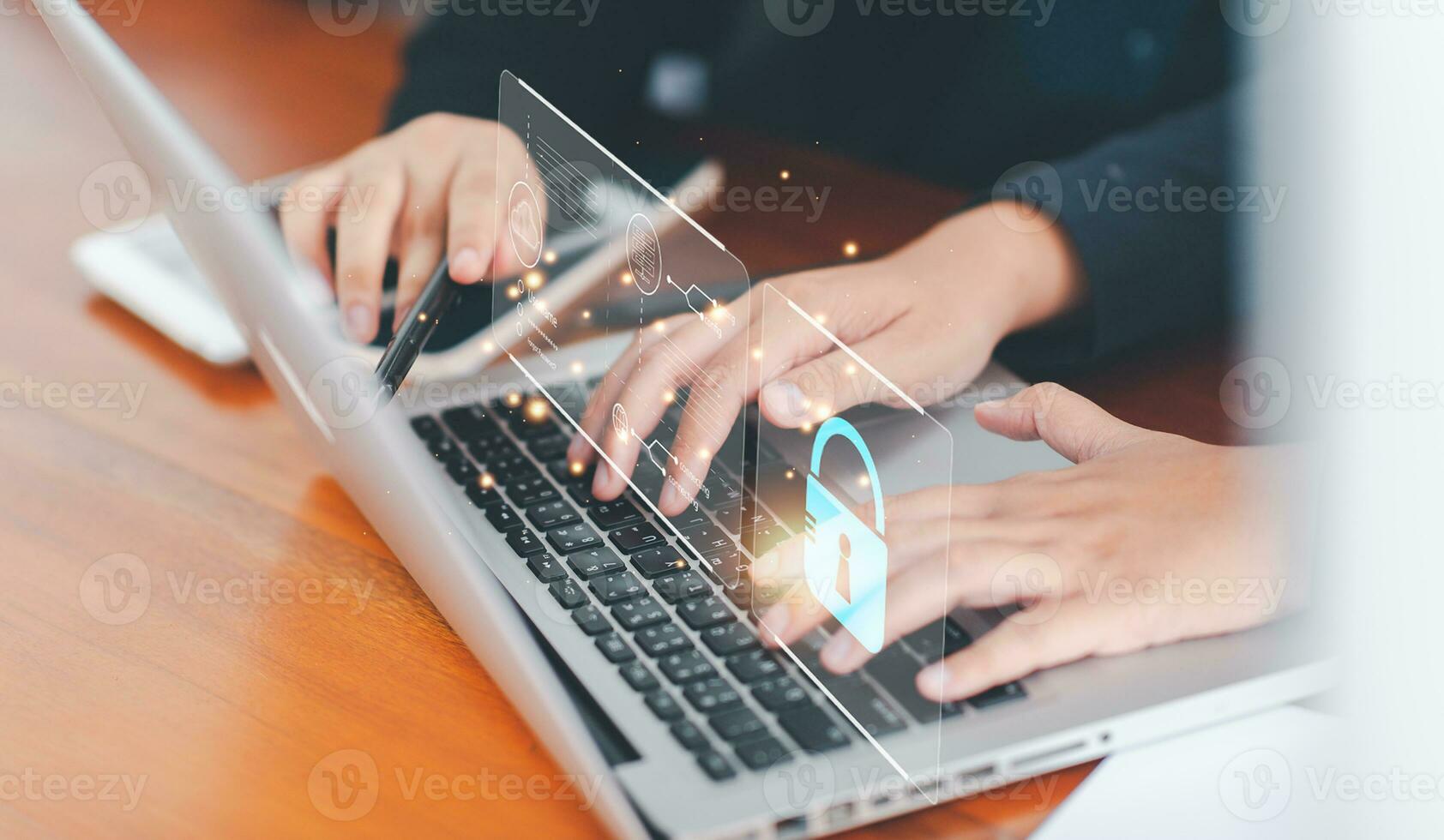 Cybersecurity global network security and technology concept, Businessman use laptop security to manage important documents safely online to protect personal information. photo