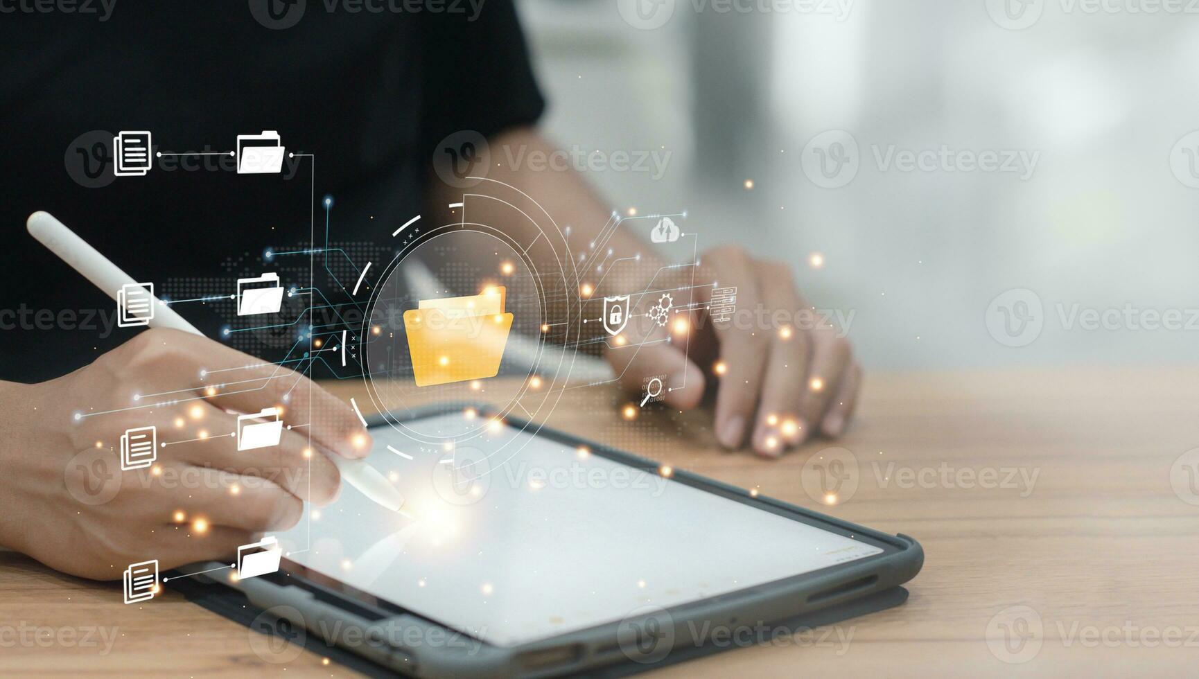 Document folder management concept, global network security technology, record management, and online document file data software for efficient, secure archiving. photo