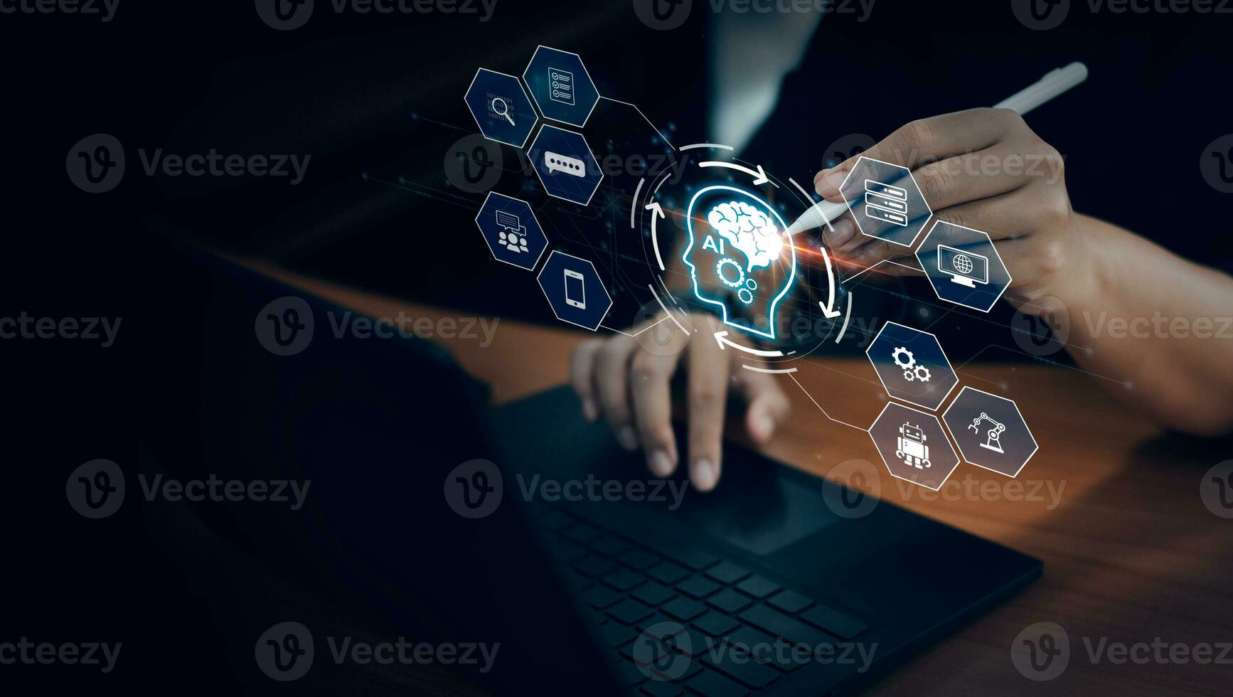 Businessman using laptop chatting intelligent artificial intelligence. Futuristic technology. ChatGPT with AI or Artificial Intelligence technology, Digital chatbot, and robot application. photo
