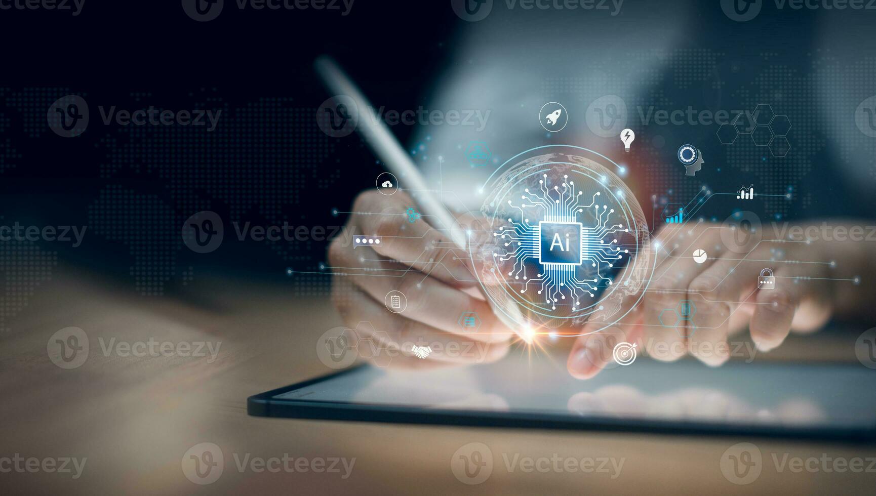 Humans use tablets to work with AI, Artificial Intelligence, Learning Business Internet Technology Concepts in futuristic business, and develop innovations for future technology changes. photo
