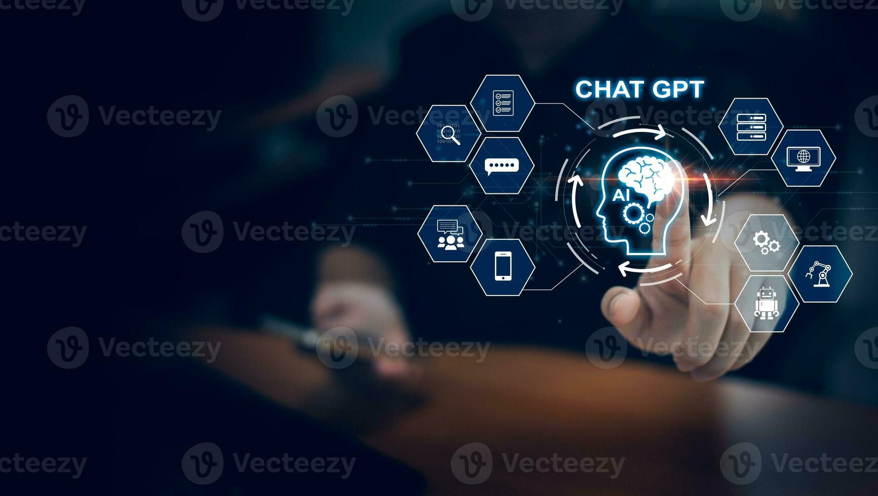 intelligent artificial intelligence. Futuristic technology. ChatGPT with AI or Artificial Intelligence technology, Digital chatbot, and robot application. photo