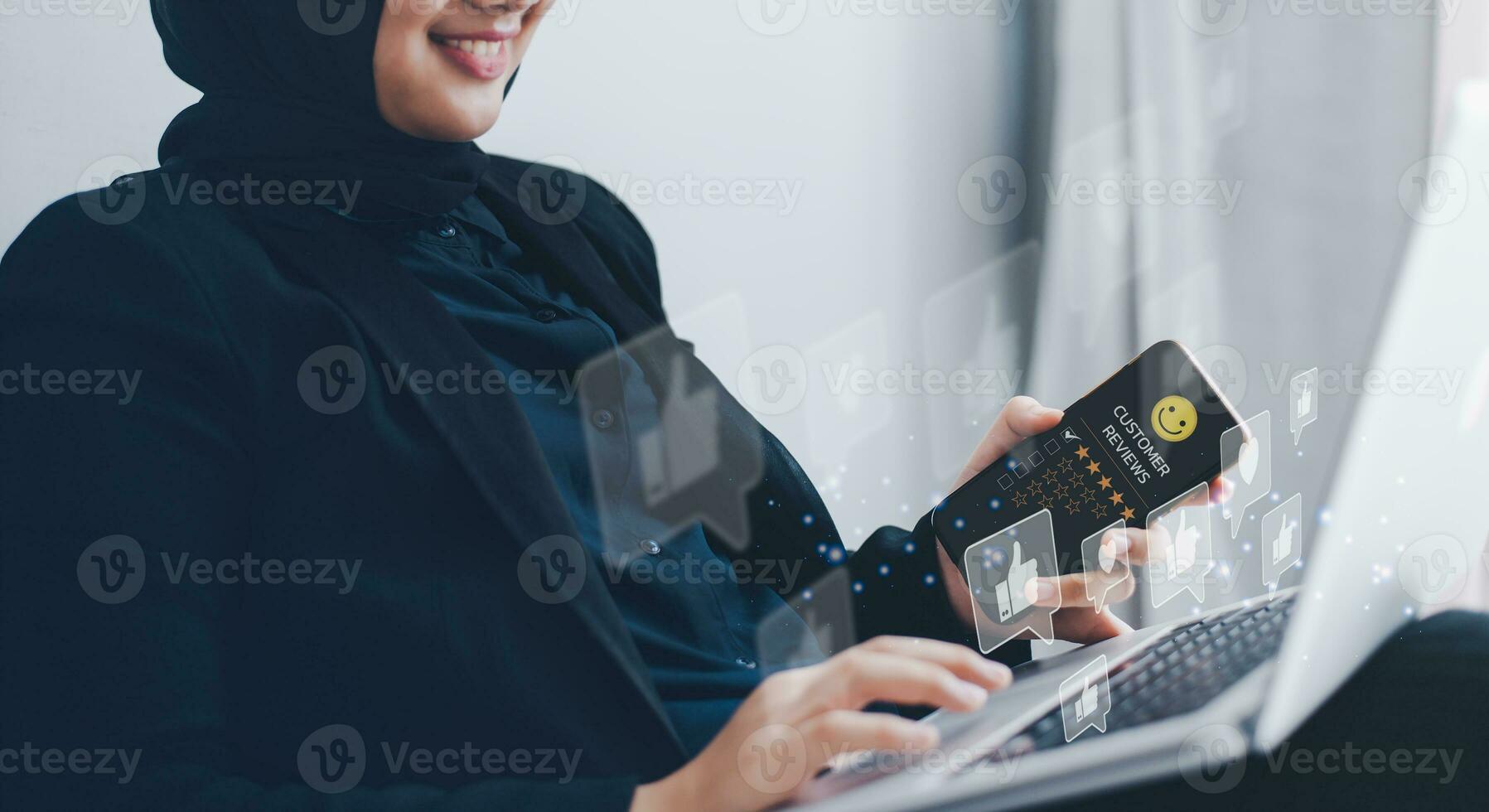 A smiling businesswoman. Customer Satisfaction Survey, the best excellent business rating experience. Users give a rating to service experience on the online application. Good quality most. photo