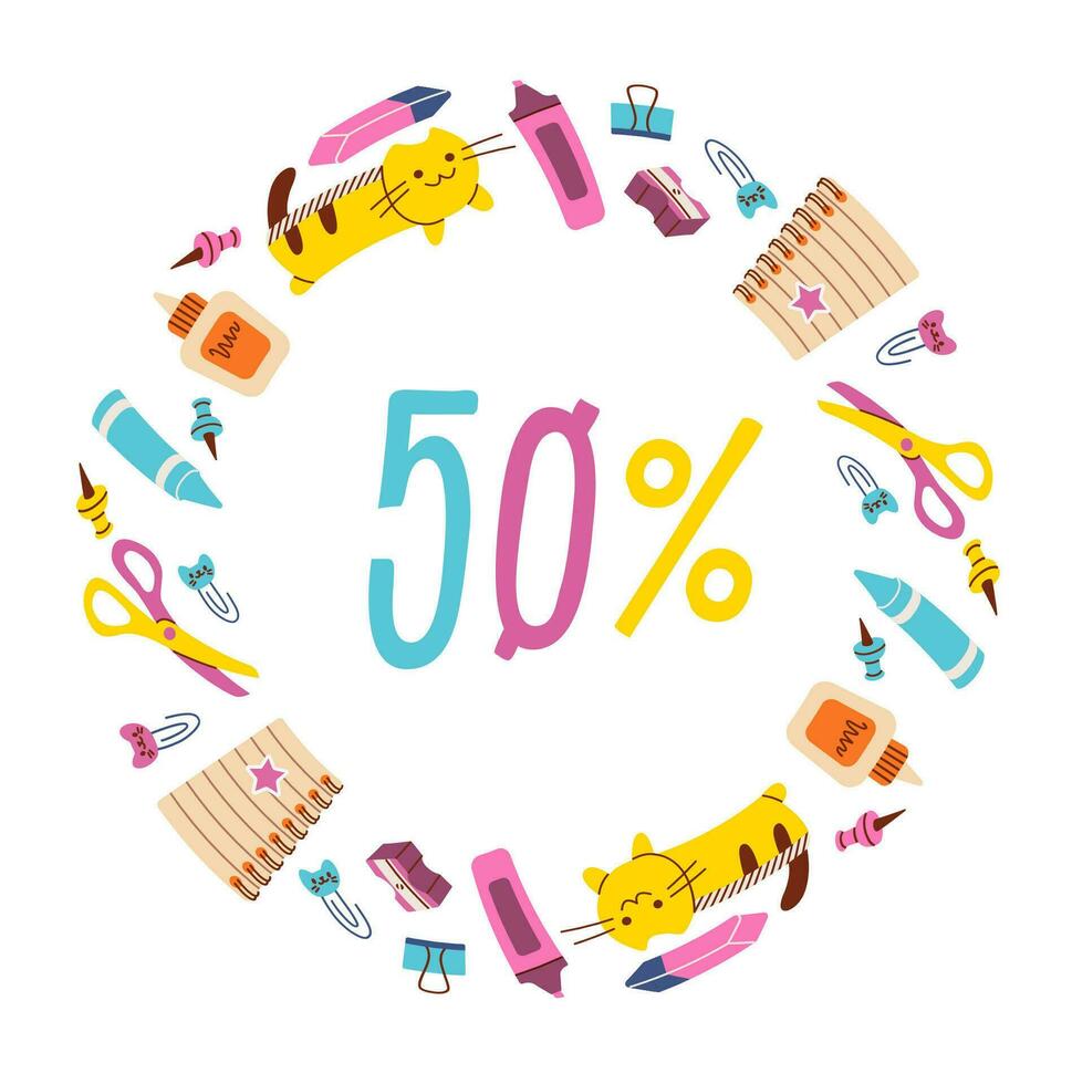 Square cart template with sale 50 cursive font and decorated by round frame of stationery. Vector illustration for 1 st of September.