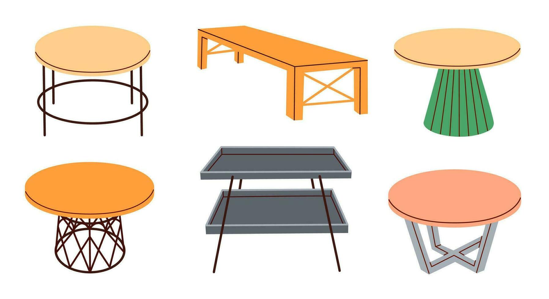 Elements of home furniture. Living room coffee table set. et of different tables for interior design. Flat vector illustration.